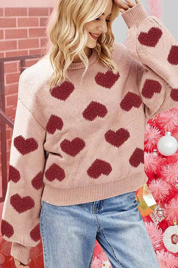 Woochic pull de Noël manches bouffantes motif cœur jacquard rose S